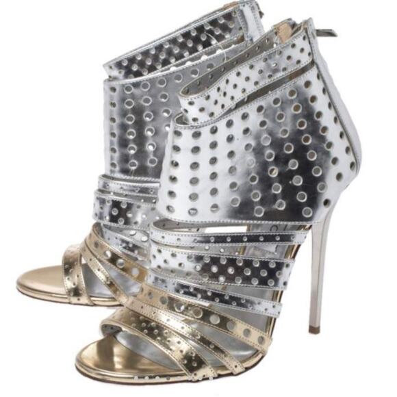Jimmy Choo Silver Foil Leather Malika Perforated Sandals Size 36.5 - Picture 5 of 17